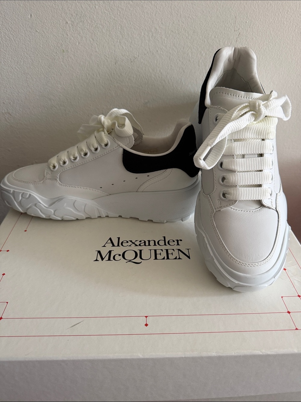 Alexander McQueen White Leather Sneakers with Black Heel Panel